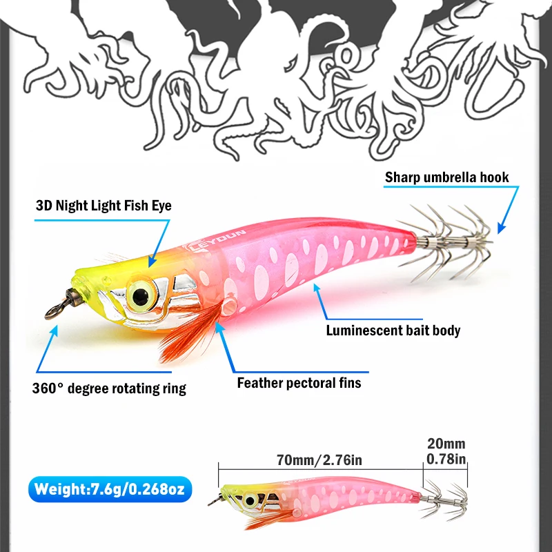 LEYDUN Squid Jig EGI Lures 90mm 7.6g UV Luminous Octopus Cuttlefish Bait Built-in Sound Bead Sharp Hook Saltwater Sea Fishing