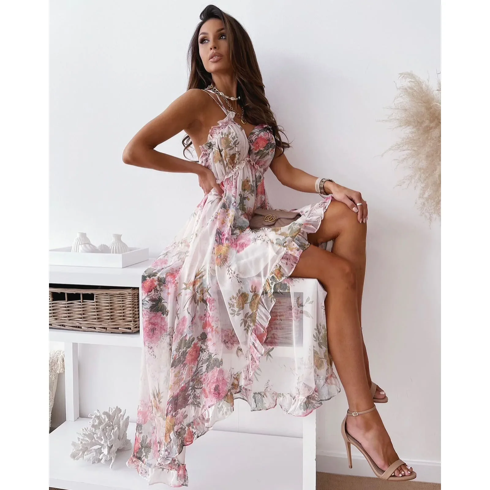 BWQ Sexy V Neck Retro Print Women Chiffon Dress Elegant Backless Summer Maxi Dress Women Sleeveless Beach Style Dress Vestidos view 3