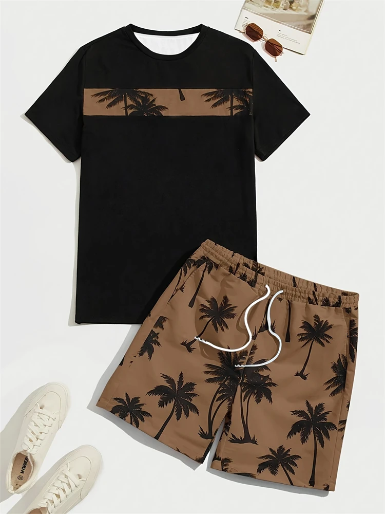 2026 Tropical Coconut Tree Print Men's T-Shirt & Drawstring Shorts Two-Piece Set Summer New Arrival Set Casual Vacation Set