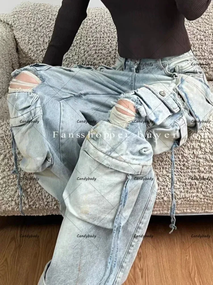 Imagem -02 - Calças de Carga Lavadas com Vários Bolsos da Indústria Pesada Americana Feminina Jeans Y2k Vintage de Pernas Retas Largas e Largas Novo