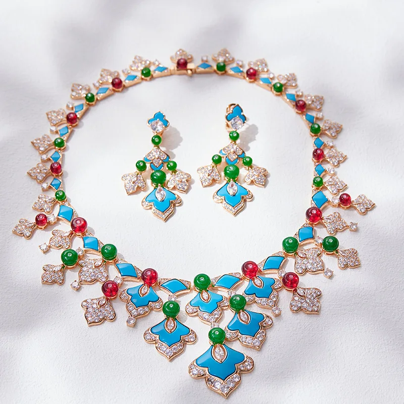 Designer Collection Style Earrings Necklace Women Inlay Cubic Zircon Turquoise Red Green Beads Plated Gold Color Jewelry Sets