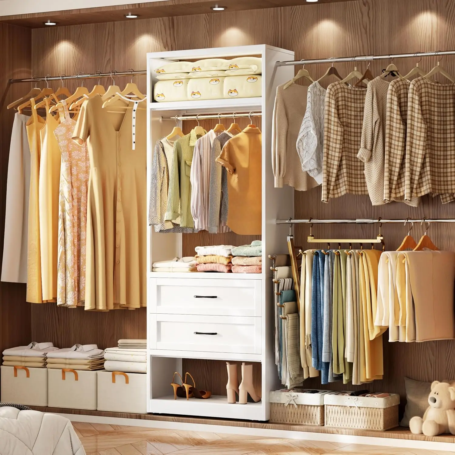 Metal Closet Organizer 4-8 Ft With 2 Drawers & 4 Expandable Hanging Rods Walk-in Wardrobe Clothes Rack, Customized