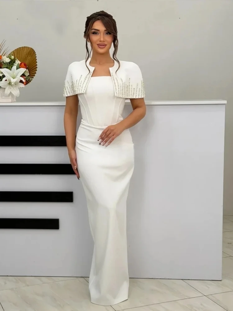 

Sexy Strapless Luxury Diamonds Bandage Dress With Short Coat Women Black Shiny Crytsal Bodycon Long Dresses Evening Party Gowns