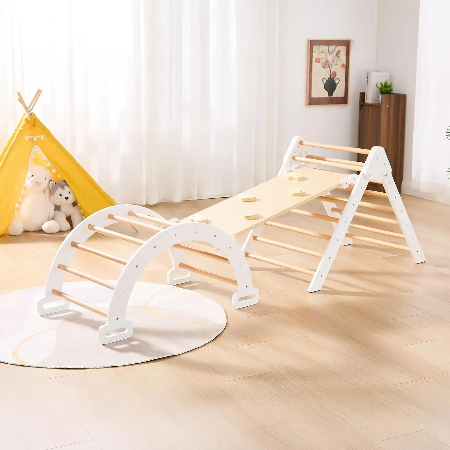 

Pikler Triangle Set, 7 in 1 Wooden Toddler Climbing Toys Indoor, Montessori Foldable Climbing Set with Arch&Ramp&Ladder, Baby Cl