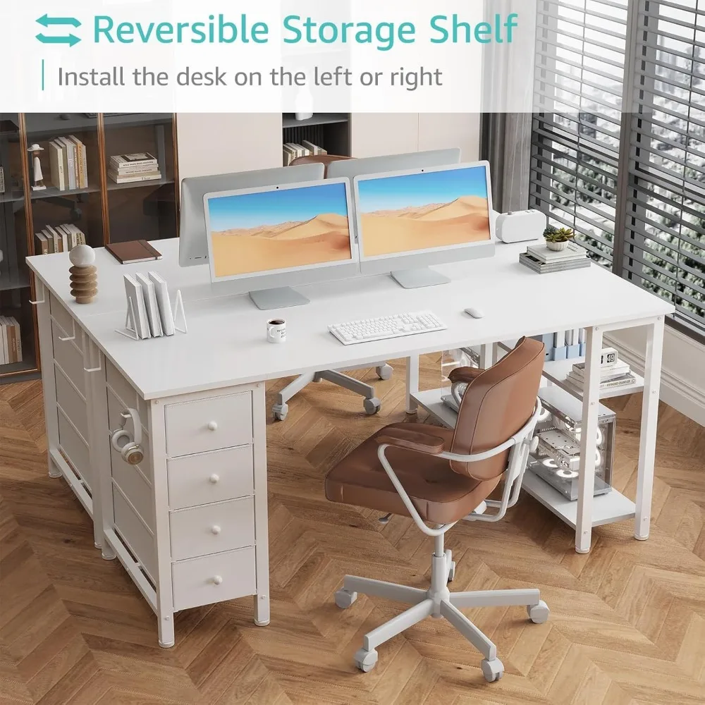 مكتب كمبيوتر مع أدراج قماشية وأرفف تخزين، مكتب كتابة دراسة المكتب المنزلي مقاس 63 بوصة، مساحة عمل بسيطة لغرفة النوم #4