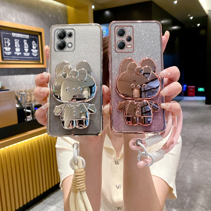 Gilitter Mirror Rabbit Wrist Strap Case On For Xiaomi Redmi Note 13 12 12S Turbo Pro Plus Redmi 12 12C 13C A1 4G 5G Stand Cover