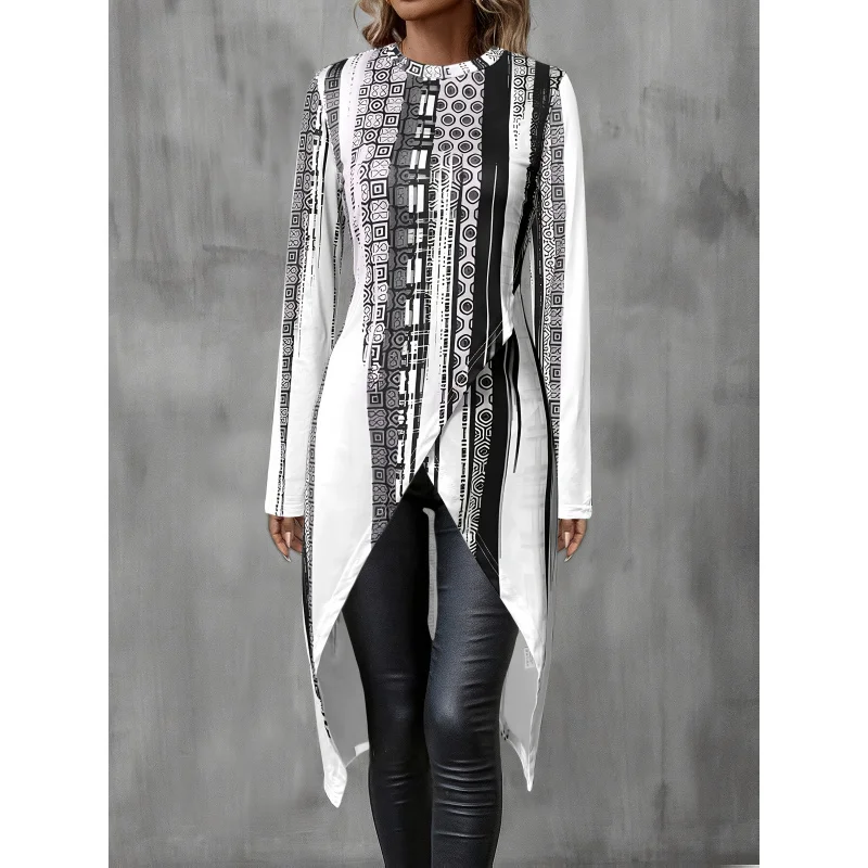 Elegant Directional New Spring/Autumn/Winter All-Over Print Crew Neck Women's Long Sleeve Longline Top