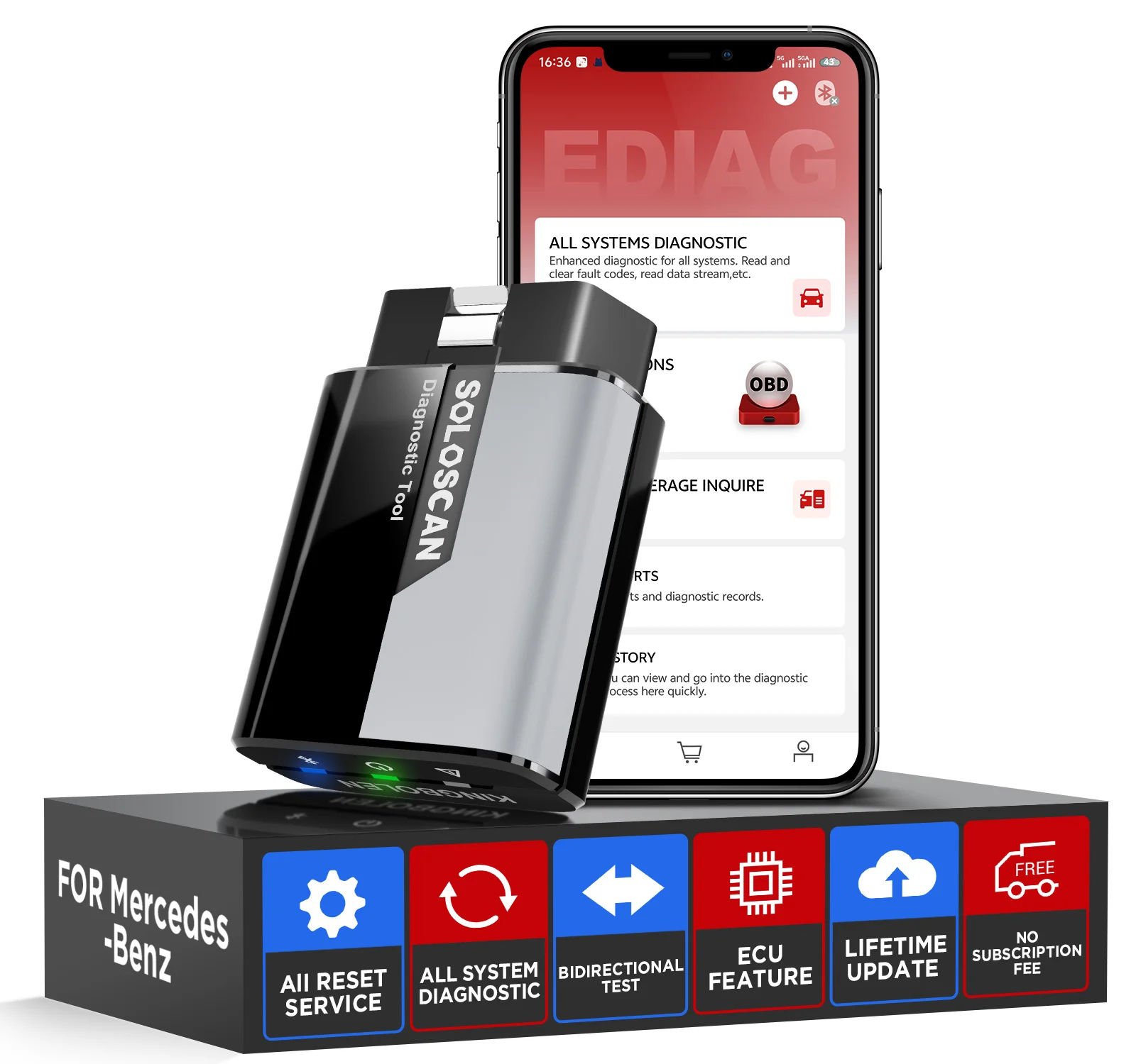 KINGBOLEN Soloscan OBD2 Scanner Bluetooth,Bi-directional 20+ Resets Car Diagnostic Scan Tool for Benz/BMW/Audi/GM Lifetime free
