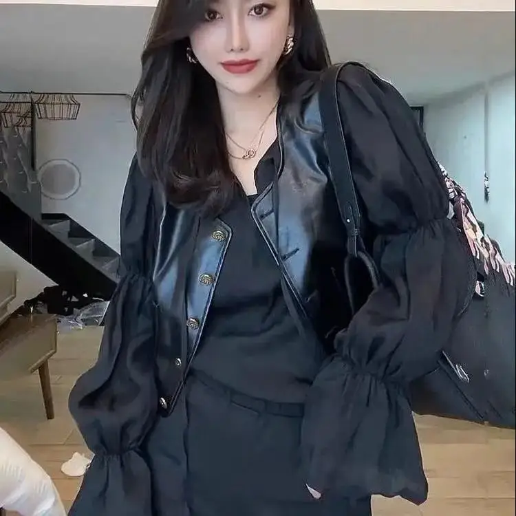 레트로 버블 스웨트 셋트 여성용 트렌디 2026 가을 한국 스타일 PU 가죽 조끼 자켓 투피스 세트 패셔너블 폴리에스터