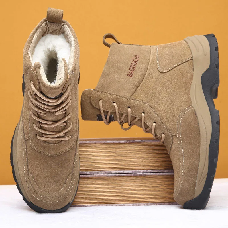 

Men's sheepskin and wool integrated snow boots, real leather and fur, winter thick and warm boots slip resistance for Men's ﻿