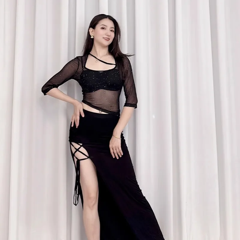 

customized belly dance costumes practice outfit sprinkled with silver water gauze beveled top Modal woven hollow out skirt