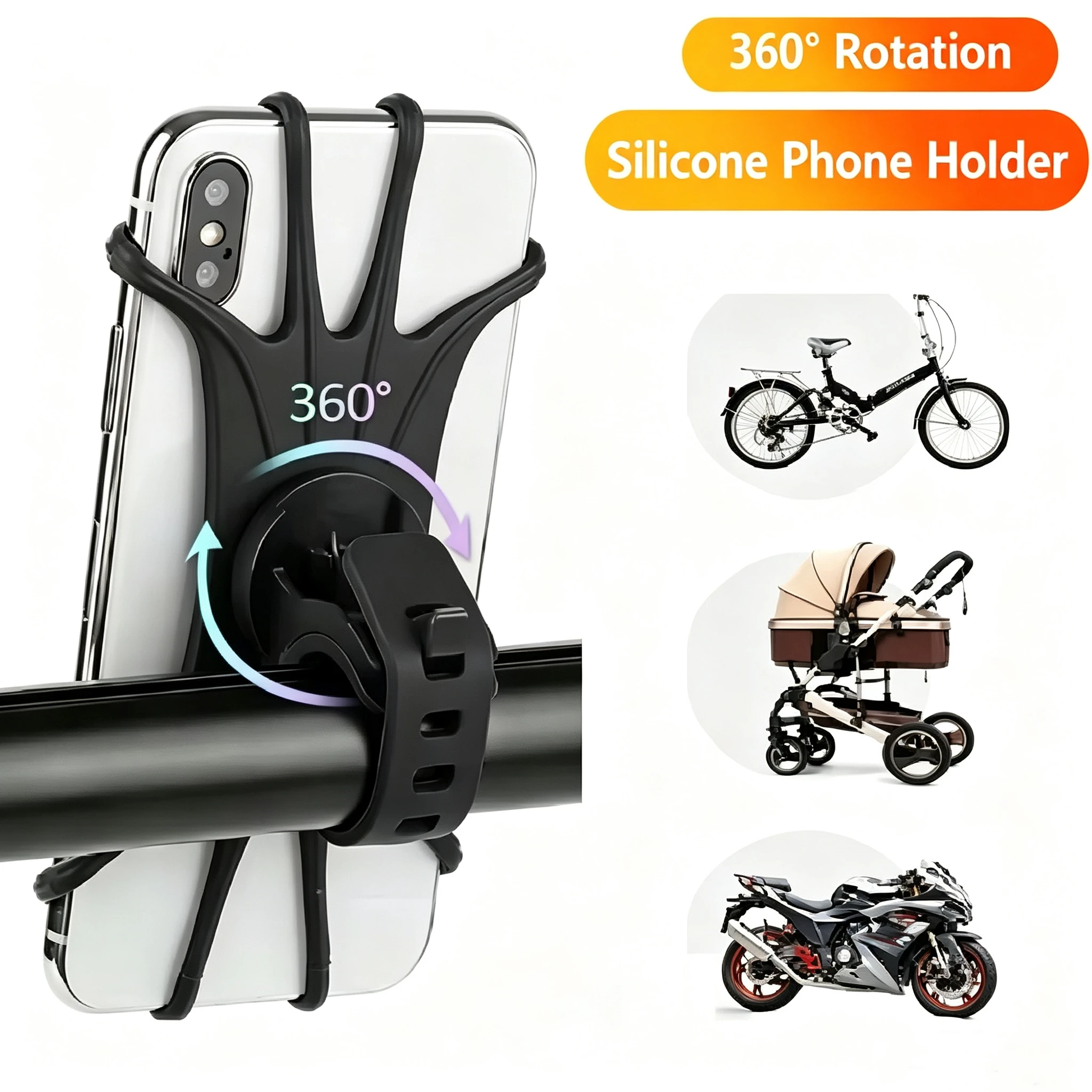    Soporte giratorio 360° para teléfono móvil, soporte de silicona para bicicleta y motocicleta, soporte de silicona tipo tirador, soporte seguro para todos los teléfonos