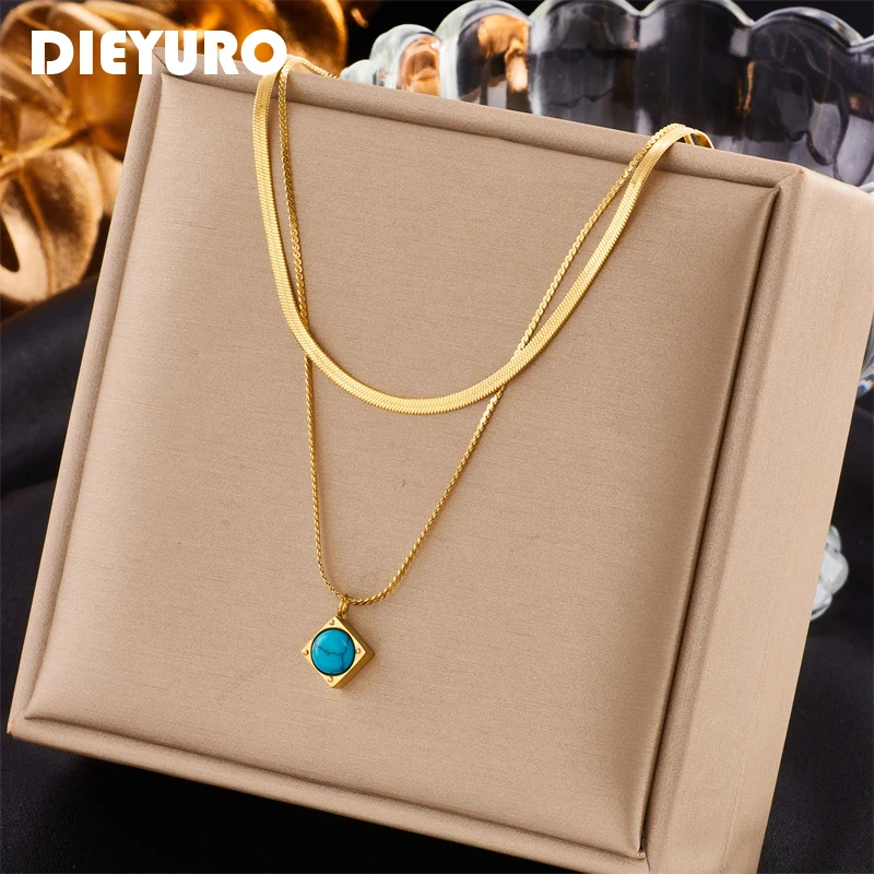 

DIEYURO 316L Stainless Steel Gold Color 2in1 Green Stone Pendant Necklace For Women Vintage Snake Chain Girls Neck Jewelry Gift