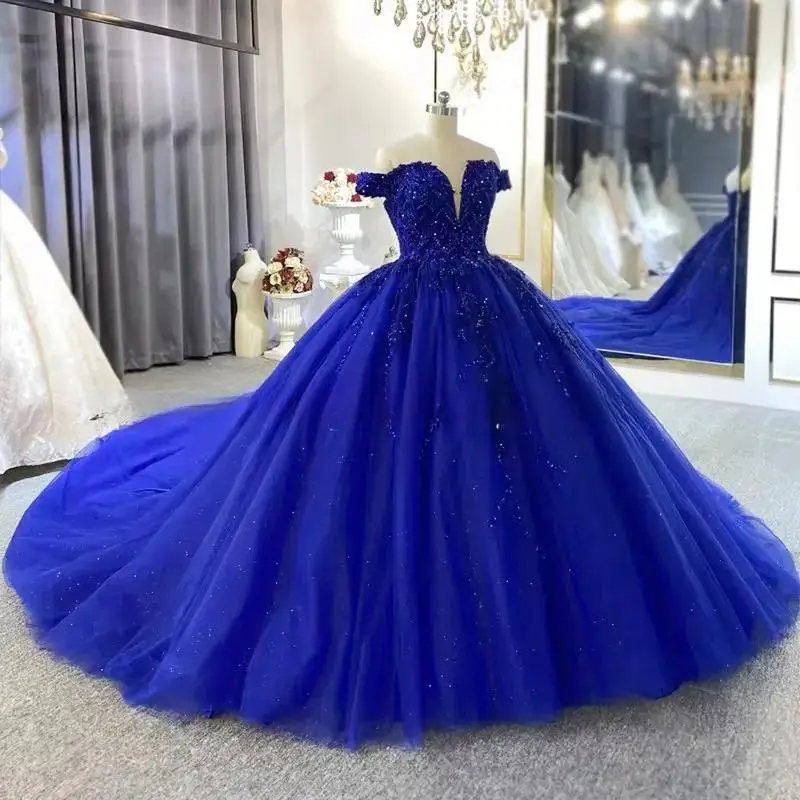 Customized  Royal Blue Shiny Quinceanera Dresses Party Long Sequin Appliques Tulle Lace Birthday Party Dress Robes De Ball