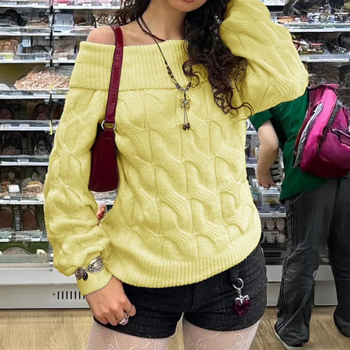 

Fashion Off Shoulder Sweater for Women 2025 Autumn Korean Fashion Sweaters Tops Long Sleeve M
