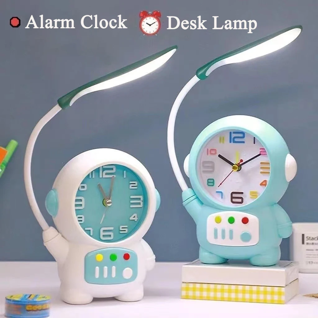 Cartoon Desk Lamp with Alarm Clock Eye Protection Night Light Desk Lamp Light Children Kids Reading Study Bedroom Living Room