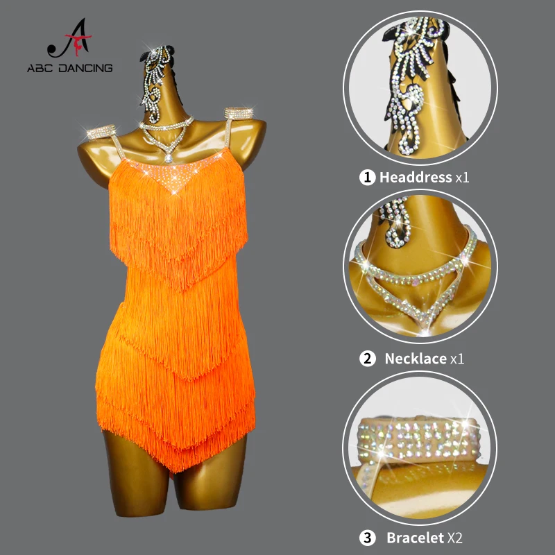 Vestido laranja com franja de dança latina para meninas, saia sexy, terno de noite para festa, fantasia de competição, saia esportiva feminina