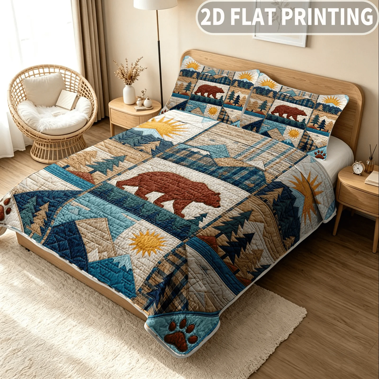3pcs Quilted Durable Quilt Cover (1pc Quilt Bedspread + 2pcs Pillowcases Excluding Pillow Inserts), Bear Mountain Forest Design