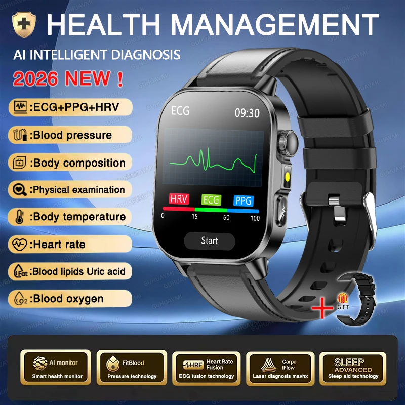 2026 Nieuwe Nauwkeurige Meting Gezondheid Smartwatch ECG+PPG Bloeddruk Bloedlipiden Urinezuur BT Oproep Smartwatch Voor Mannen Vrouwen