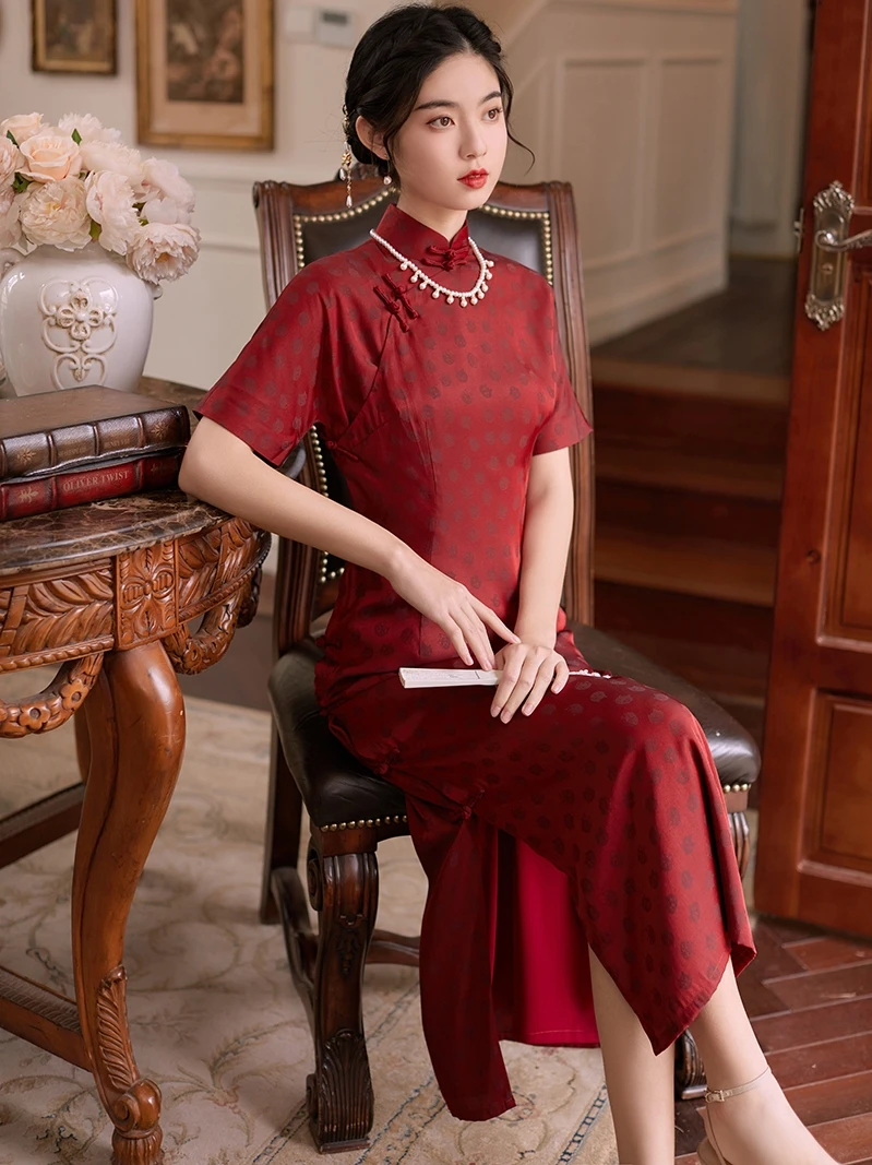 

Красное платье с открытым передом, элегантное, для девочек, весенний новый стиль, ретро-платье, длинное, с коротким рукавом, на каждый день