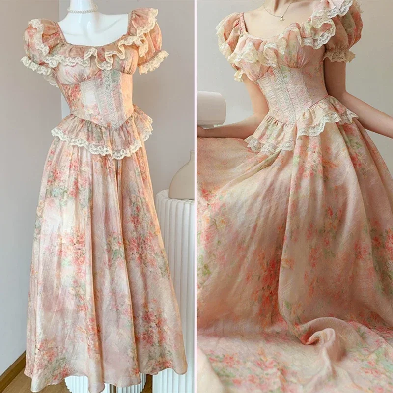 

French Retro Bubble Sleeve Square Neck Princess Lace Print Chiffon Long Dress Women High Quality Luxury High Waist Dress