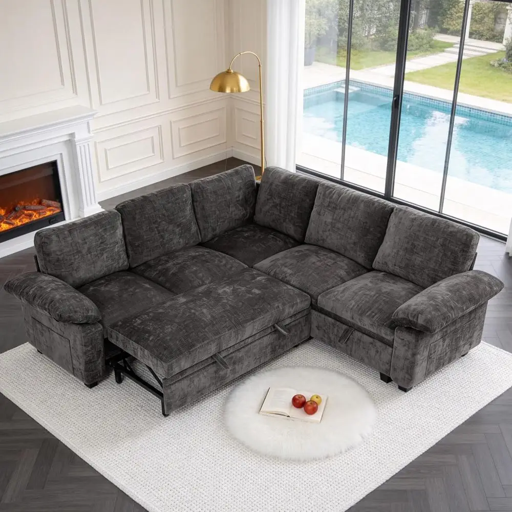 86 L-Shaped Sleeper Sofa with Pull-Out Bed and Storage in Gray Chenille Cloud Fabric