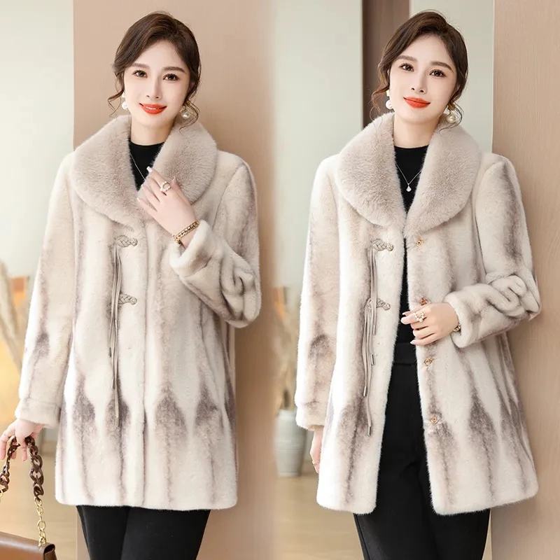 Mink Fleece Coat Women\'s Winter Noble Thickened Warm Loose High End Fur Rich Lady Long Sleeved Fur One Piece Mom\'s Clothing