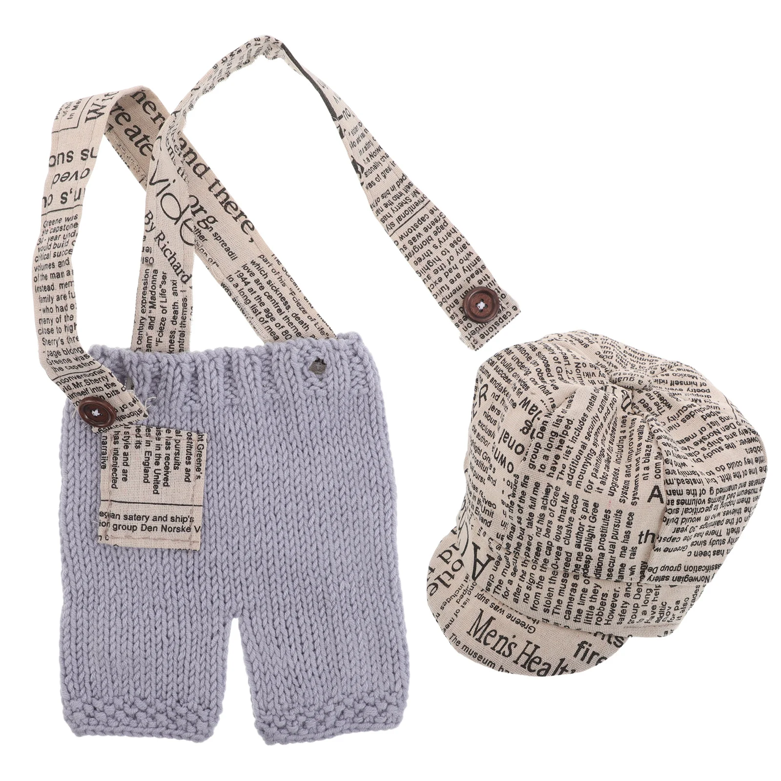 

1 set 1 Set Newborn Photography Outfits Boy Newspaper Print Knit Baby Photo Shoot Clothes Soft Crochet Suspenders Beret Hat For