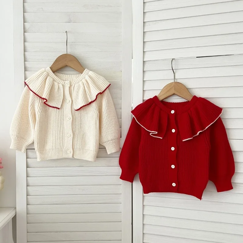 

2025 New Autumn Baby Girls Sweater Coat Long Sleeved Solid Newborn Baby Girls Big Collar Knitting Cardigan Toddler Knit Jacket