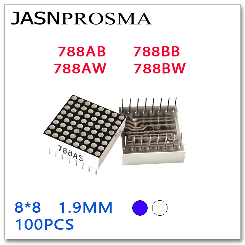 

JASNPROSMA 8x8 1,9 мм сине-светодиодный 20 мм x 20 мм 100 шт. 788AB 788BB 788AW 788BW анодная Катодная матрица цифровая трубка общая