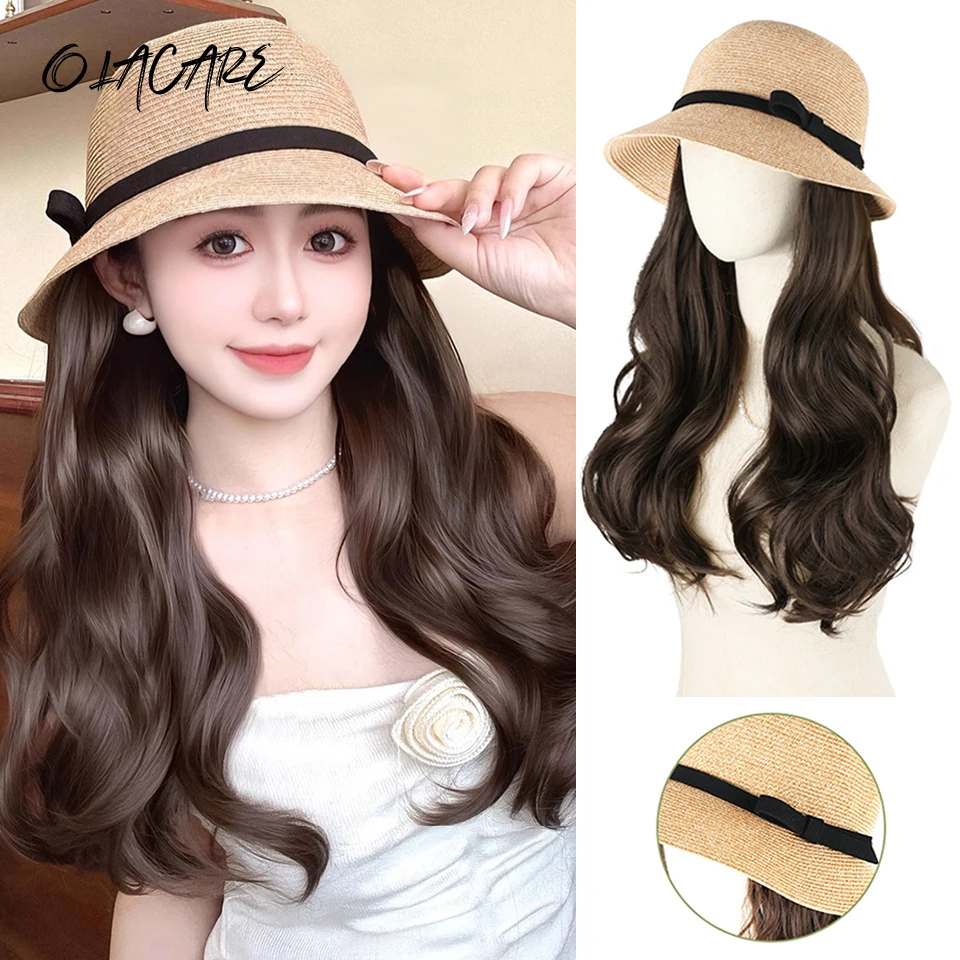 

OLACARE Long Synthetic Fluffy Natural Wave Wavy Curly Hair Wigs with Cap Fisherman's Hat Naturally Connect Adjustable Hat Wig