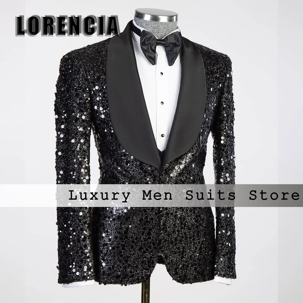 

Super Shiny Sequin Suits for Men 2 Pieces Luxury Tuxedos Male Suit Wedding Customized Shawl Collar Blazer Pants ensemble hommes
