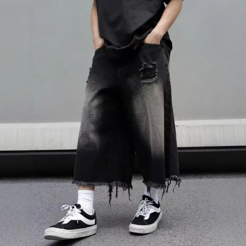 

Summer New Thin Pants Men Loose Design Jeans Trendy Wide Leg American Retro Five-Point Pants Casual Mid-Length Pants