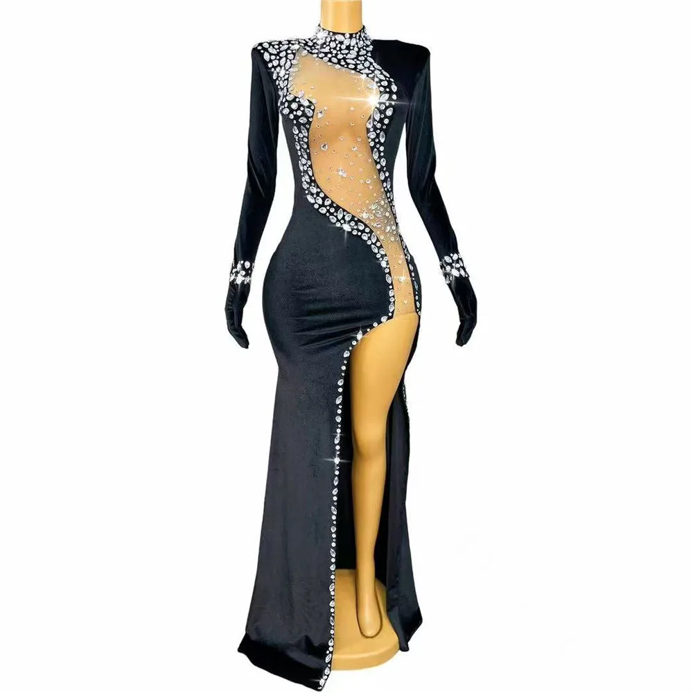 

Women Elegant Shining Rhinestones Cultivation High split Dress Birthday Evening Cocktail Party Gown Red carpet Stage Wear