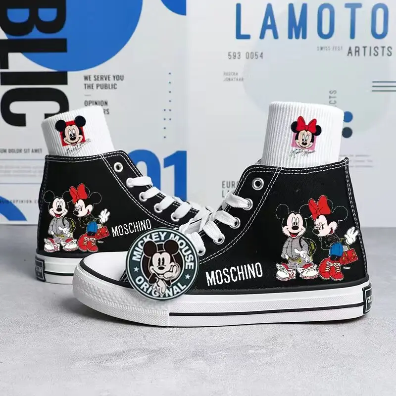 

2024 Spring/Summer New Disney Mickey Printed Canvas Shoes for Boys Girls Hand Painted Sneakers Korean High Top Shoes for Women