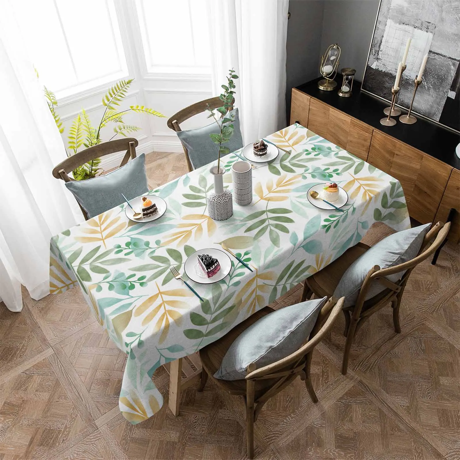 

Plants Leaves Country Style Waterproof Table Cloth Holiday Wedding Party Rectangular Table Cover Home Kitchen Decor