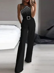 Summer Jumpsuits Women 2024 New Fashion Office One Pieces Black Multi Strap Sleeveless Rhinestone Bootcut Jumpsuit Overalls