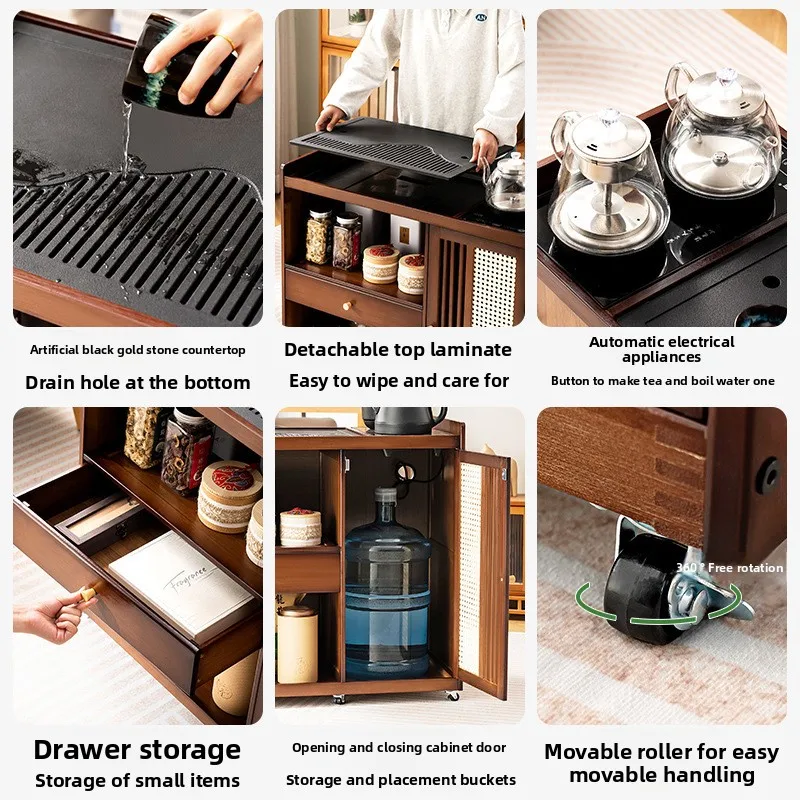 MobileSmall t Kettle integrated  cabinet Solid wood coffee table Tea cart Brewing view 3
