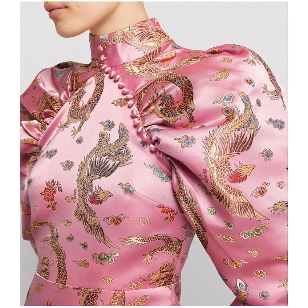 

Spring Autumn New Style Women's Dress Dragon Pattern High Waist Long Sleeve Short Skirt H-Shape Frock Chinese Style