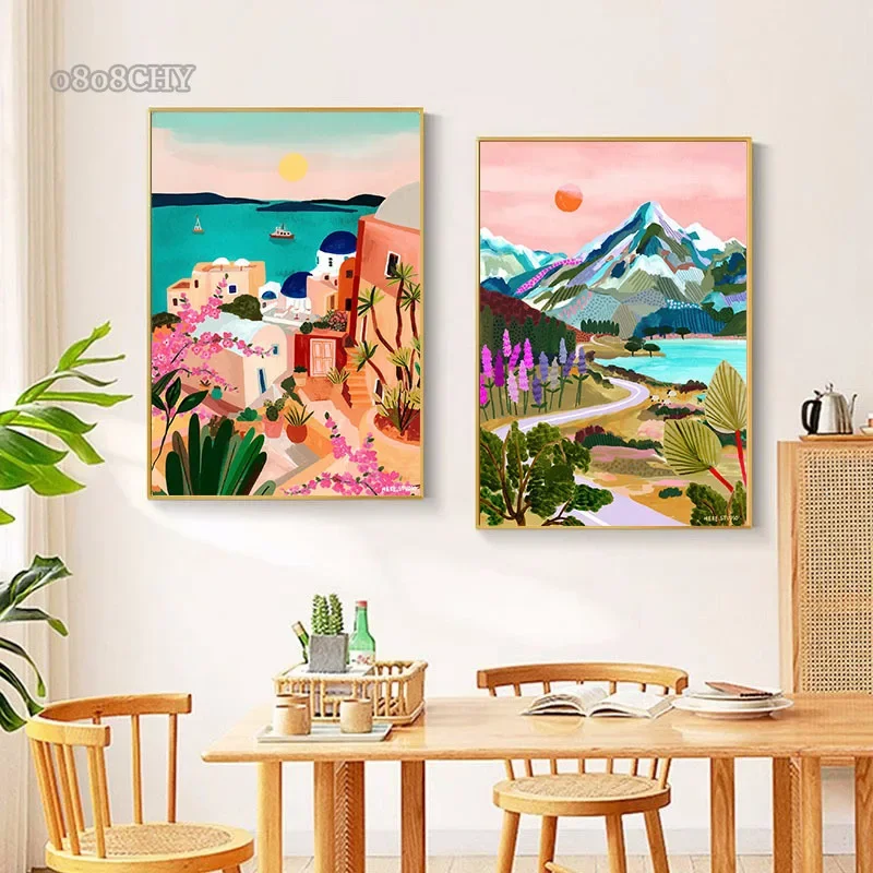 Colorful Travel Mountain City Canvas Painting Posters and Prints Abstract Landscape Wall Art Pictures for Home Living Room Decor