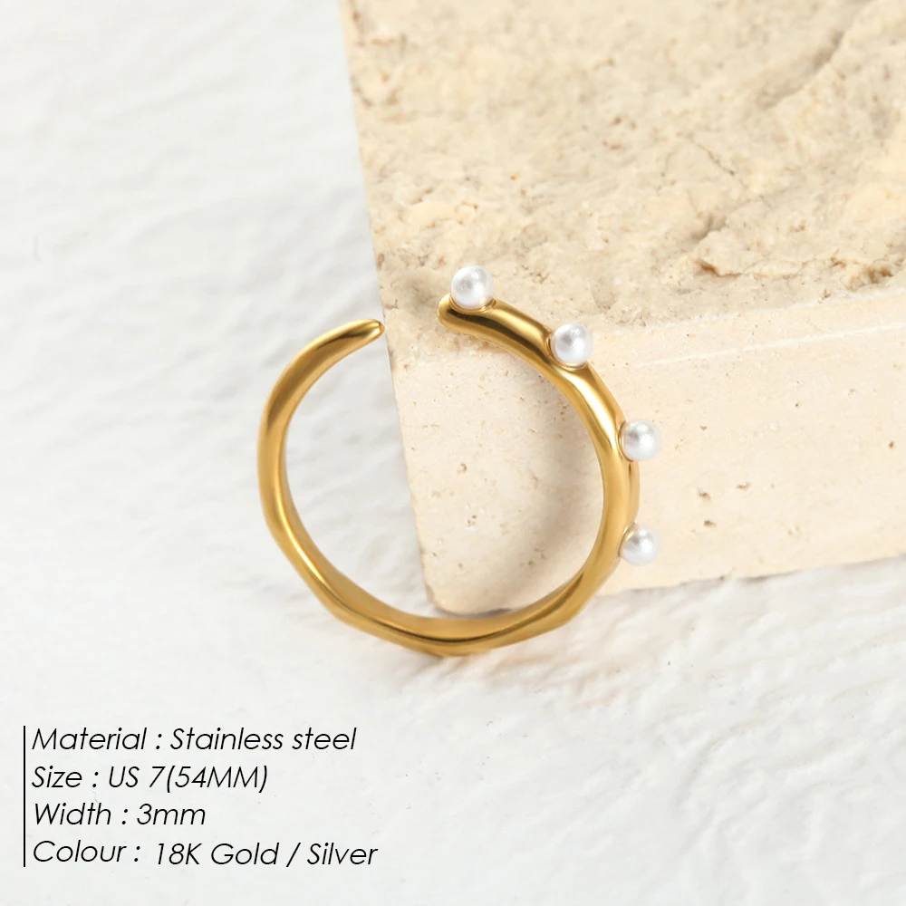 EMANCO  Fashion Imitation Pearl Rings Stainless Steel Glamour Chic Ring 18K Gold Plated Waterproof Jewelry for Women