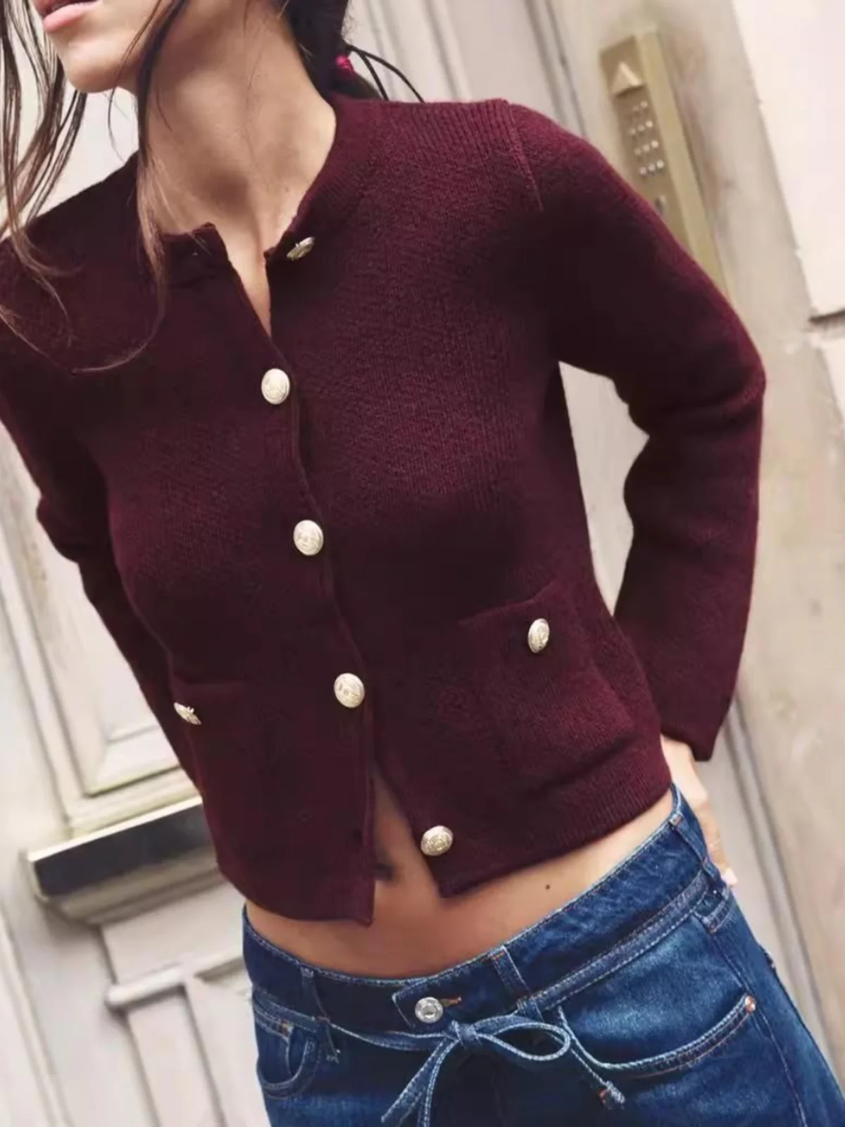 

Spring Autumn New Arrival Women's Knitted Long Sve round Ne Open Cardigan Coat Gold Button Decorated Comfortable Fit Out...