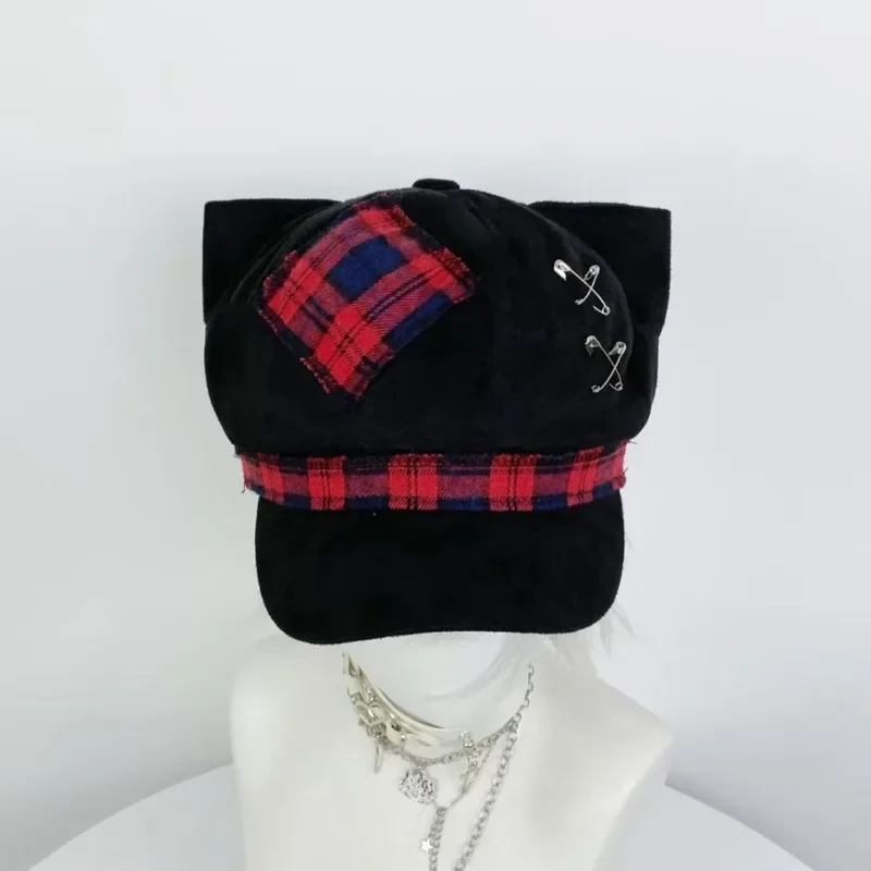 New Y2k Lolita Subculture Plaids Stitches Cat Ear Hats Harajuku Sweet Girl All Match Beret Caps Punk Hottie COS Hat