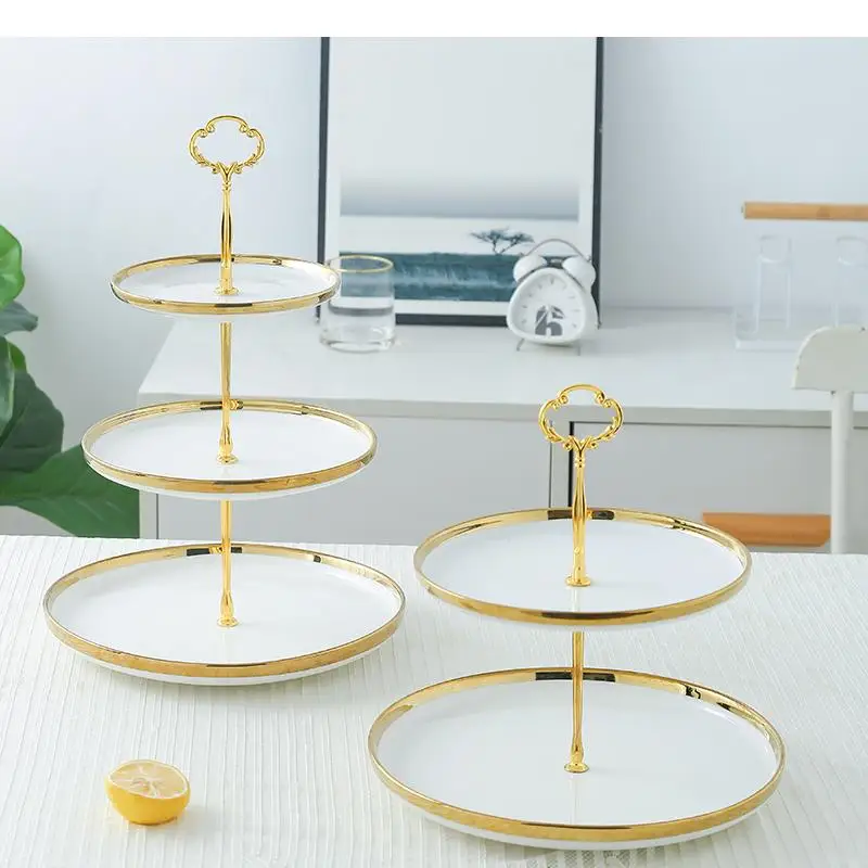

White Gold-plated Border Cake Stand Multi-layer Dessert Fruit Plate Home Large Display Tray Candy Bread Storage