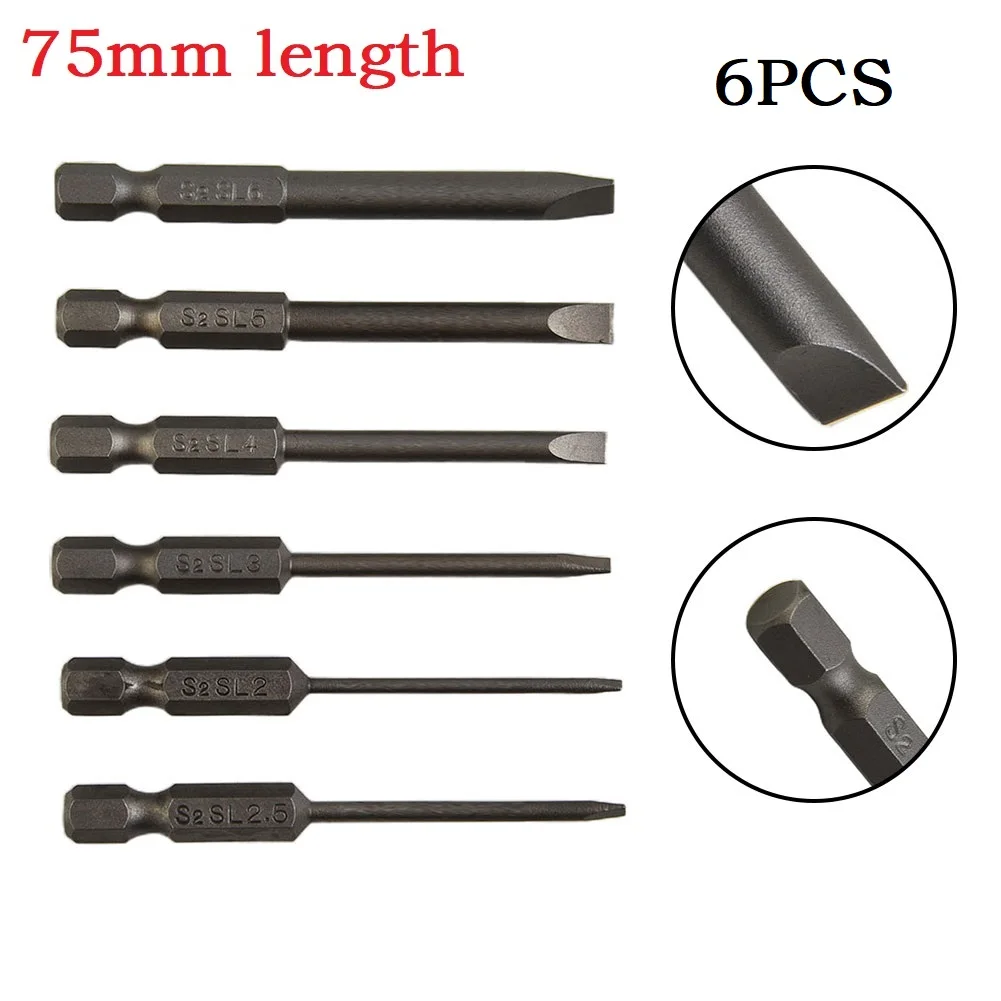 6pcs/set 2mm-6mm 75mm Flat-Head Slotted Tip Magnetic Screwdrivers Bits 1/4 Inch Hex Shank Slotted Tip Screwdriver Bit Parts