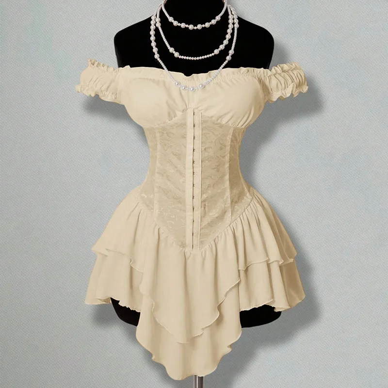 Women Dress A-line Lace Splicing Multi-layer Ruffle Edge Short Sleeve Off Shoulder High Waist Slim Solid Color Simple Mini Dress