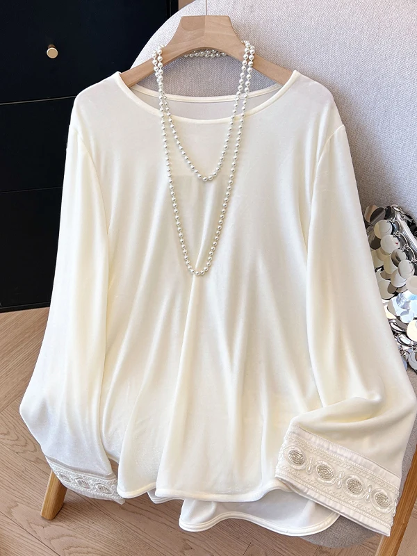 

New Chinese Sle Long Sve T-irt Women's Early Autumn Casual Loose Inner Wear Silk Base irt Top Embroidered Sve Cuffs