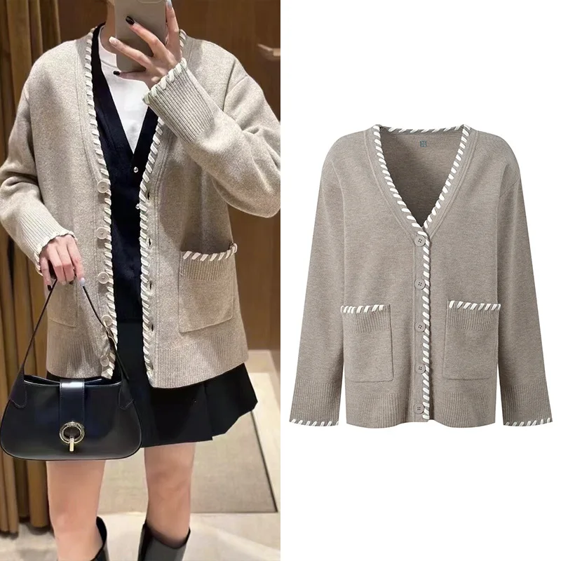 

Upper High-End Version European Sle V-Ne Color Blo Loose Knitted Women's Cardigan Long Sve Lounging Outerwear