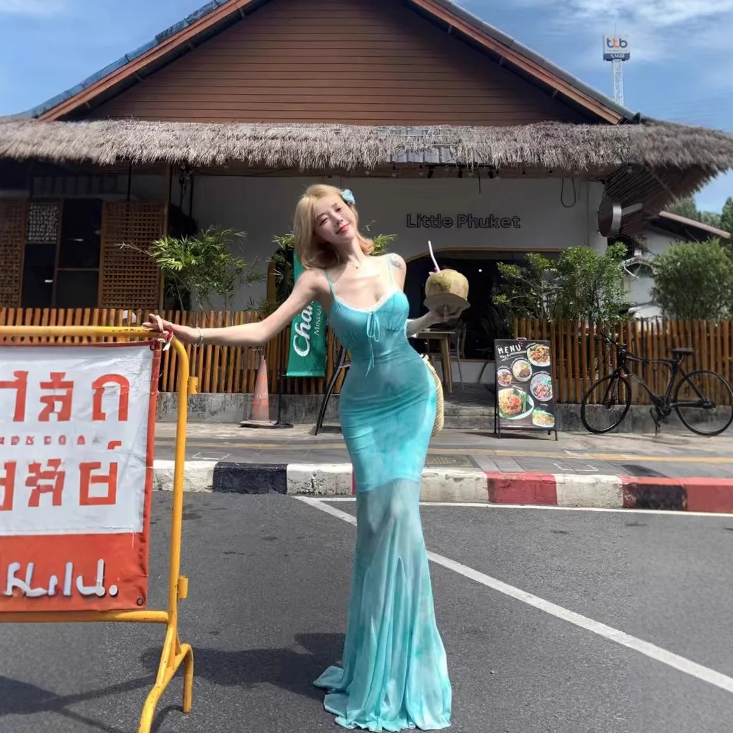 "Zeyla 2025 ฤดูร้อนผู้หญิงชุดลูกไม้ Trim Strappy เอว Tie Mermaid Tulle ชุดวันหยุดใหม่ Slim Bodycon Beach วันที่ชุดยาว"