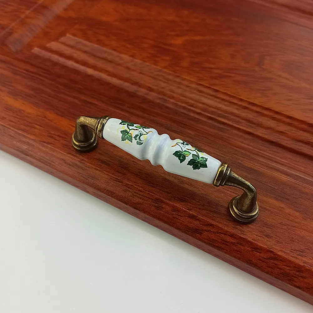 Green Leaves Ceramics Handle For Furniture Door Drawer Knob Wardrobe Kitchen Cabinets Handle Bronze Cupboard Dressing Table Pull